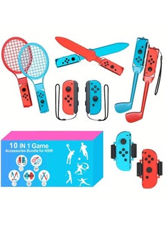 10 IN 1 Game Accessory Kits For Nintendo Switch Sports 2022,For Switch Joy-Con, Mario Tennis Ace Rackets +Golf Clubs for Mario Golf Super Rush Leg Straps for Ring Fit Adventure and Chambara Game Sword