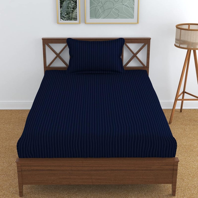 TIB Satin Striped Elastic Fitted Single Bedsheet | Satin Bedsheet Single Bed Elastic for Single Bed Size with 1 Pillow Cover | Elastic Fitted Bedsheets Single Size (78x36 inch, Navy Blue) - Image 2
