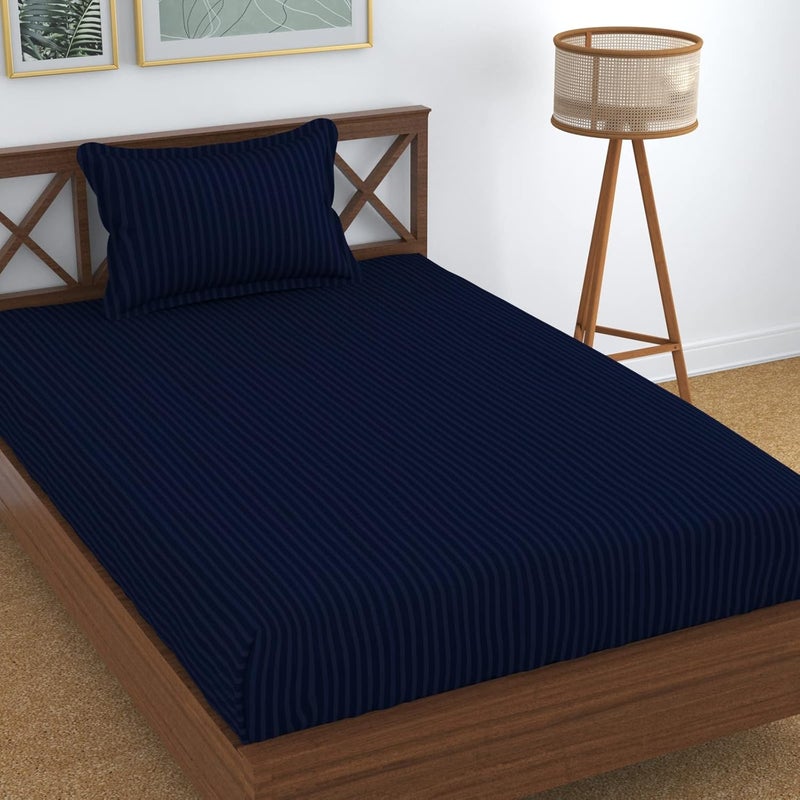 TIB Satin Striped Elastic Fitted Single Bedsheet | Satin Bedsheet Single Bed Elastic for Single Bed Size with 1 Pillow Cover | Elastic Fitted Bedsheets Single Size (78x36 inch, Navy Blue) - Image 1