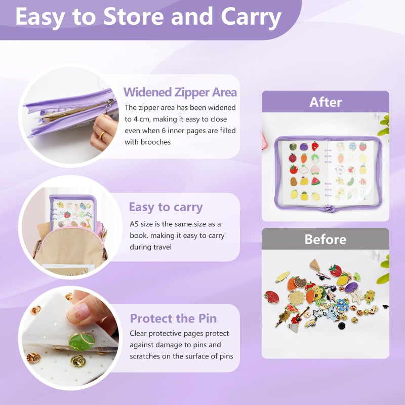 LIQALU Pin Display Book Enamel Pin Collection Holder Trading Book with 6-Page Display Boards A5 Brooch Pin Storage Organizer Binder Album for Travel Collectors (Purple) - Image 3