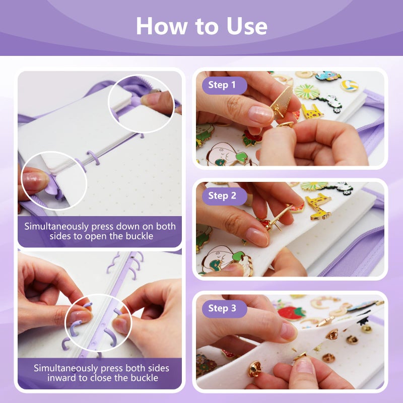 LIQALU Pin Display Book Enamel Pin Collection Holder Trading Book with 6-Page Display Boards A5 Brooch Pin Storage Organizer Binder Album for Travel Collectors (Purple) - Image 4