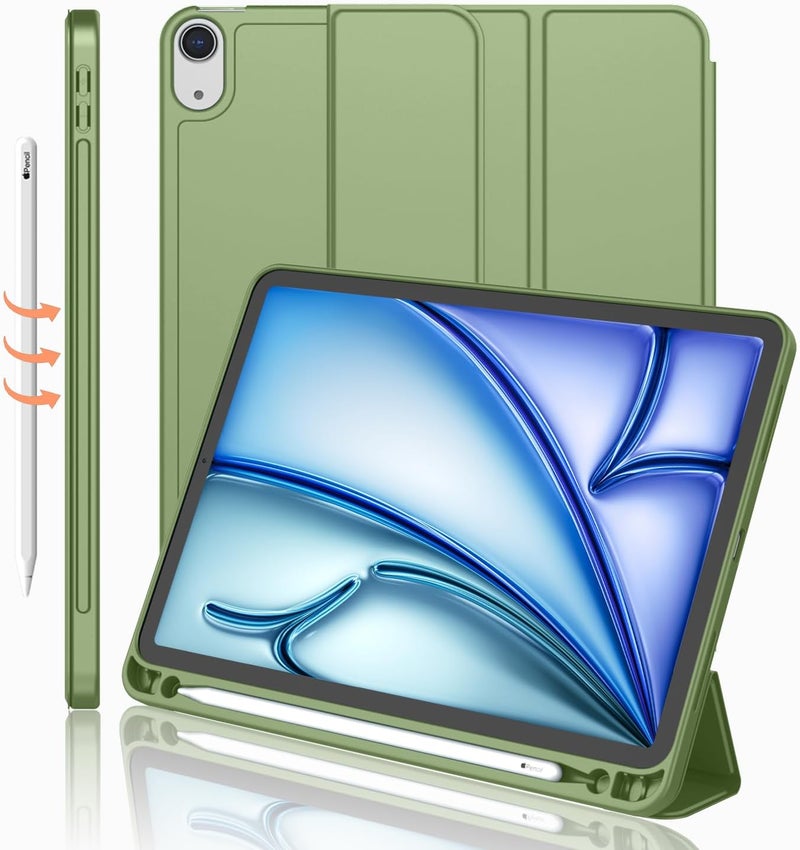 iMieet iPad Air 11 Inch Case M3(2025) / M2 (2024), iPad Air 5th/4th Generation Case 2022/2020 10.9 Inch with Pencil Holder,Trifold Stand Smart Case with Soft TPU Back(Olive Green) - Image 1