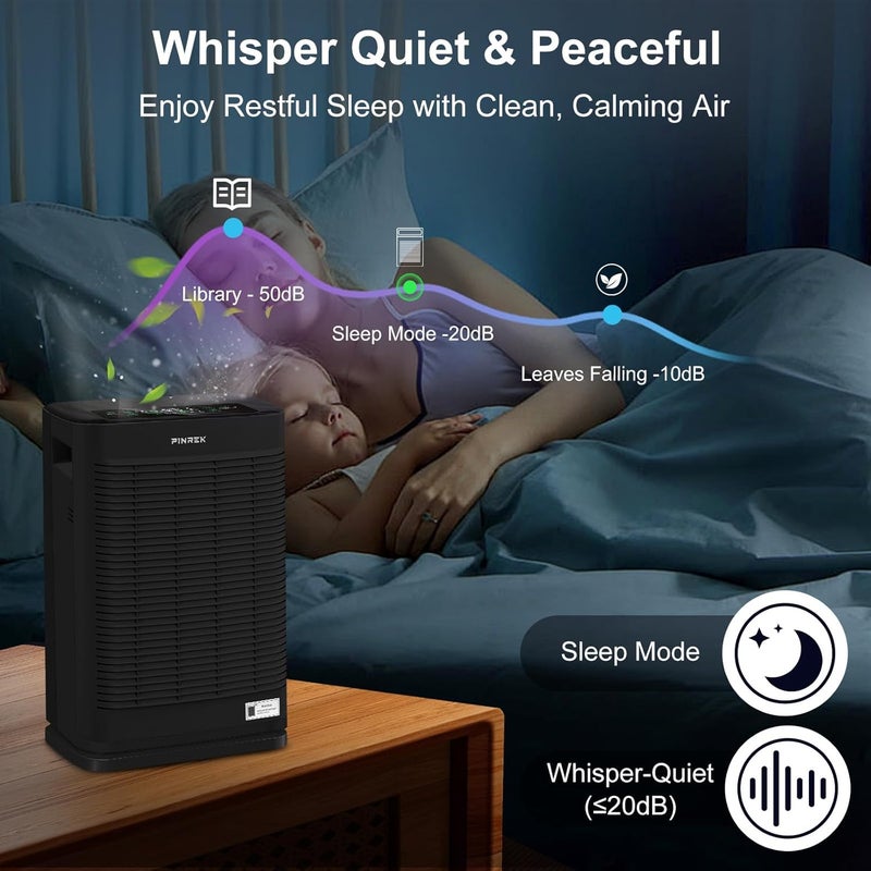 PINREK Air Purifier for Home Large Room and Office, Up to 120㎡, True HEPA Smart Air Filter with PM2.5 Intelligent Air Quality Sensor, Sleep Mode, Timer, Removes 99.97% Pollen, Allergy, Dust, Pet Hair - Image 5