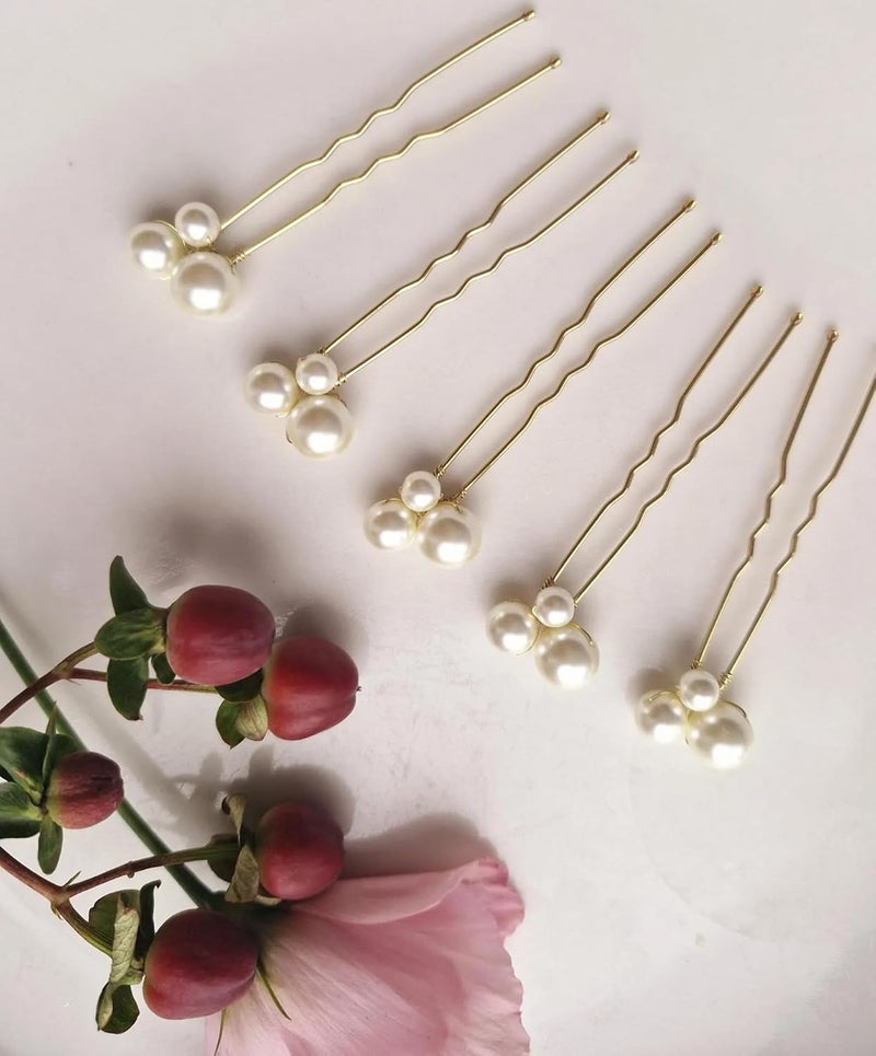 DHANABAPA DHANABAPA Elegant Pearl Hair Pins for Women Gold UShaped Bridal Hair Accessories Set of 5 Handmade Bobby Pins for Wedding Prom or Special Occasion Updo Styling Gold  - Image 2