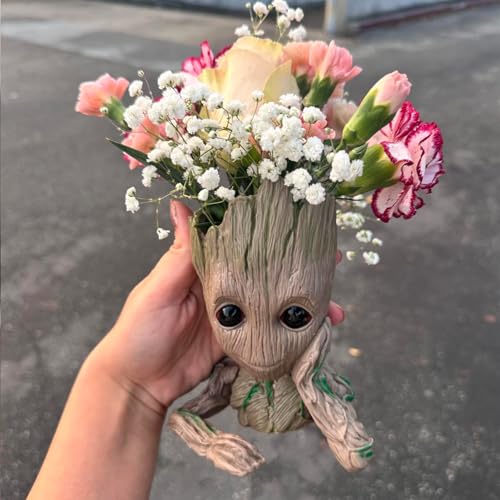 ZUSONUD Baby Groot Pen Pot Tree Man Pens Holder or Flower Pot with Drainage Hole Perfect for a Tiny Succulents Plants 6" (Grayish Brown) - Image 2