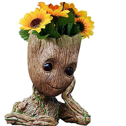ZUSONUD Baby Groot Pen Pot Tree Man Pens Holder or Flower Pot with Drainage Hole Perfect for a Tiny Succulents Plants 6" (Grayish Brown) - Image 1