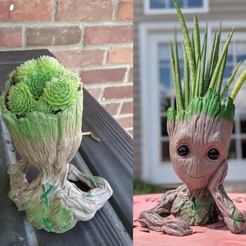 ZUSONUD Baby Groot Pen Pot Tree Man Pens Holder or Flower Pot with Drainage Hole Perfect for a Tiny Succulents Plants 6" (Grayish Brown) - Image 3