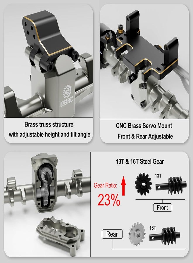 OGUNKE OGRC 1/24 +5mm Extended Axle Set with 50° Steering Angle, Brass Knuckles, Truss & Servo Mount, Compatible with Axial SCX24 Deadbolt C10 JLU Gladiator Bronco RC Crawler (Retro Titanium) - Image 3