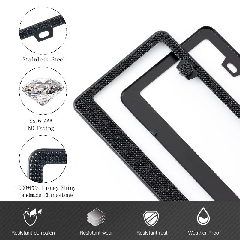 FIISFIIS Bling License Plate Frame for Women,2 Pack Premium Stainless Steel Rhinestone License Plate Holder,Handmade Glitter Crystal Diamond Girl Lincense Plate Tag Cover,Bedazzled Sparkly-Black - Image 3