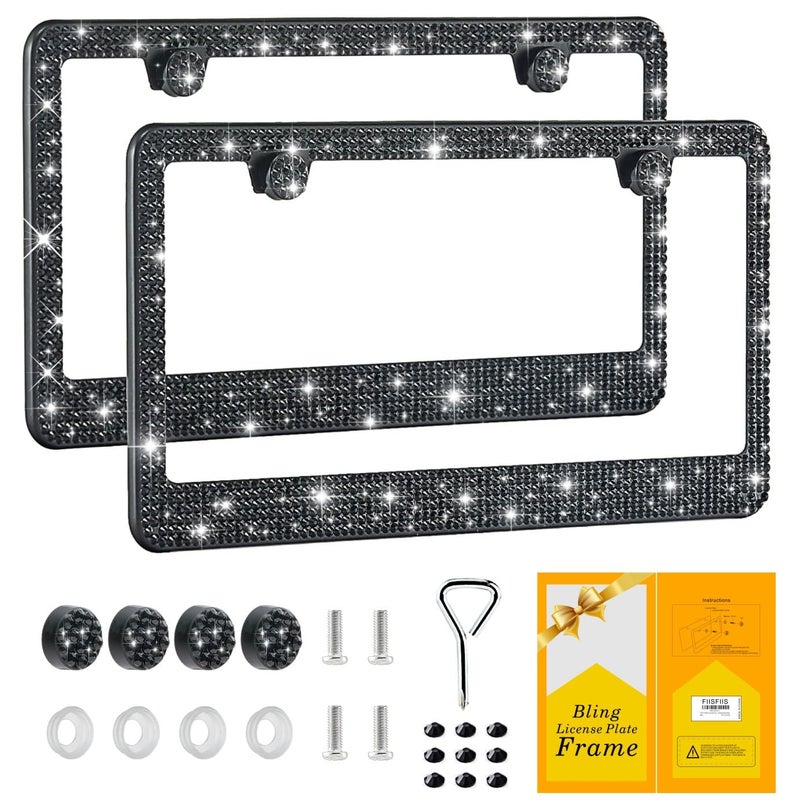 FIISFIIS Bling License Plate Frame for Women,2 Pack Premium Stainless Steel Rhinestone License Plate Holder,Handmade Glitter Crystal Diamond Girl Lincense Plate Tag Cover,Bedazzled Sparkly-Black - Image 1