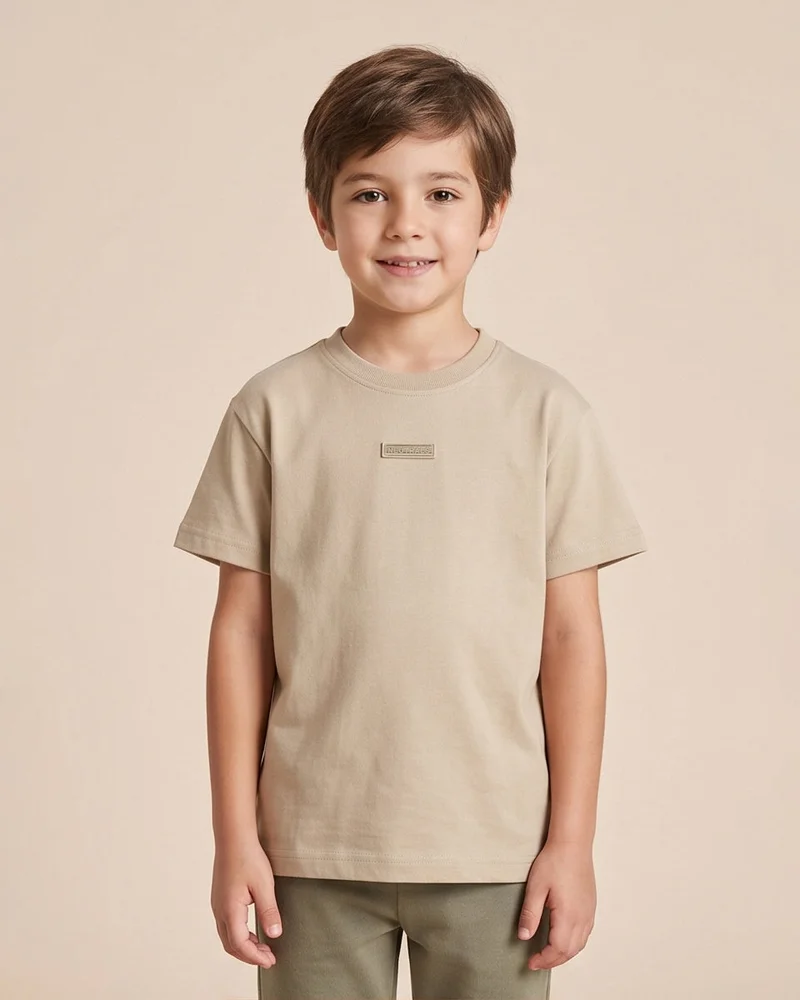 Redtag Boys Beige Interlock Crew Neck T-Shirt