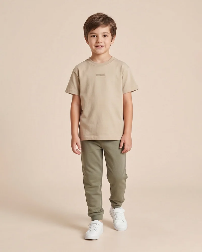 Redtag Boys Beige Interlock Crew Neck T-Shirt