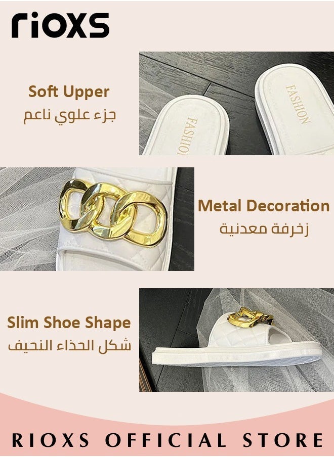 RIOXS Women's Summer Slippers With Chain Decor, Non-Slip Open-toe Beach Sandals, Classic Metallic Chains Plain Sliders, Soft Comfortable Sandals For Ladies Indoor Outdoor Use, Women Flat Sandals, Cushioned Footbed Flat Slip-On Sandal - Image 3