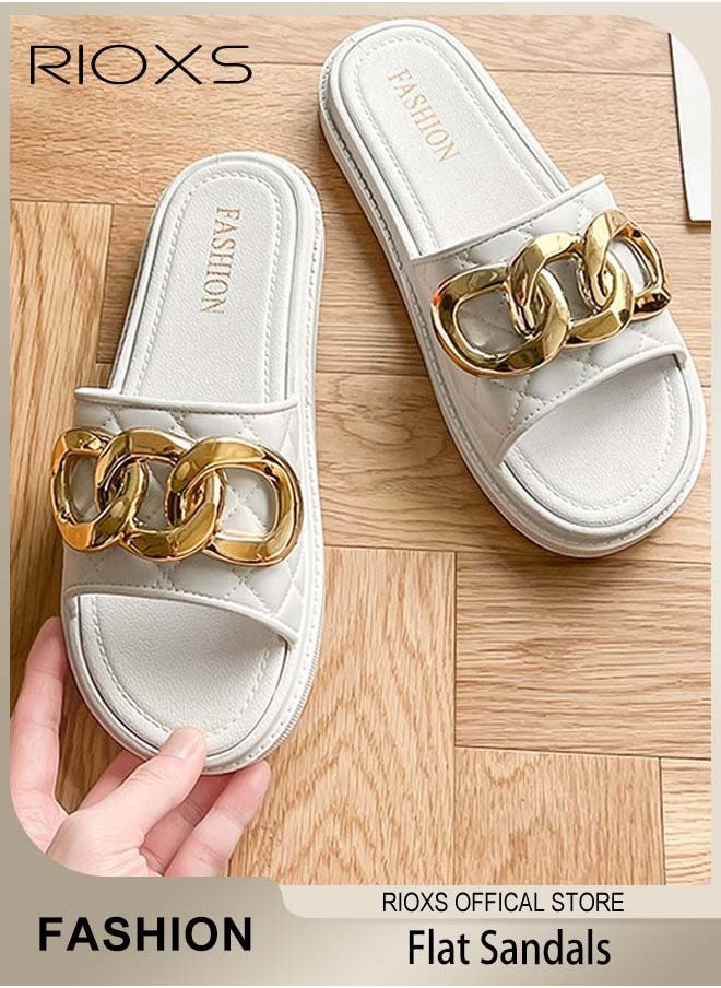 RIOXS Women's Summer Slippers With Chain Decor, Non-Slip Open-toe Beach Sandals, Classic Metallic Chains Plain Sliders, Soft Comfortable Sandals For Ladies Indoor Outdoor Use, Women Flat Sandals, Cushioned Footbed Flat Slip-On Sandal - Image 2