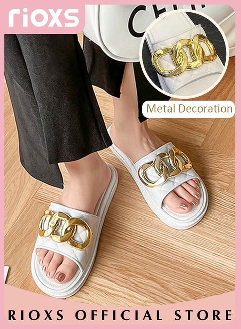Women's Summer Slippers With Chain Decor, Non-Slip Open-toe Beach Sandals, Classic Metallic Chains Plain Sliders, Soft Comfortable Sandals For Ladies Indoor Outdoor Use, Women Flat Sandals, Cushioned Footbed Flat Slip-On Sandal