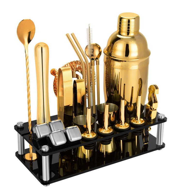 23 Piece Cocktail Shaker Set Bartender Kit with Acrylic Stand Cocktail Recipes Booklet Professional Bar Tools for Drink Mixing Home Bar Party Include 4 Whiskey Stones Gold