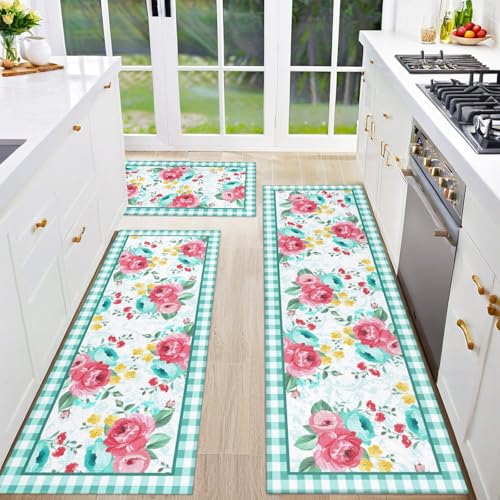 Mofvugz Red Teal Floral Kitchen Rugs and Mats Non-Skid Washable for Floor, Floral Teal Kitchen Decor and Accessories Kitchen Mat Set of 3, 17"x30"+17"x47"+17"x59" - Image 1