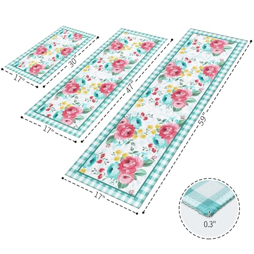 Mofvugz Red Teal Floral Kitchen Rugs and Mats Non-Skid Washable for Floor, Floral Teal Kitchen Decor and Accessories Kitchen Mat Set of 3, 17"x30"+17"x47"+17"x59" - Image 3