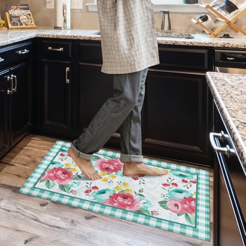Mofvugz Red Teal Floral Kitchen Rugs and Mats Non-Skid Washable for Floor, Floral Teal Kitchen Decor and Accessories Kitchen Mat Set of 3, 17"x30"+17"x47"+17"x59" - Image 5