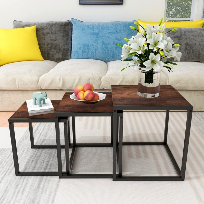 HAHRIR Nesting Table Set of 3 Side Tables, Modern Coffee Table Stacking End Table with Metal Frameï¼ŒBlack - Image 2