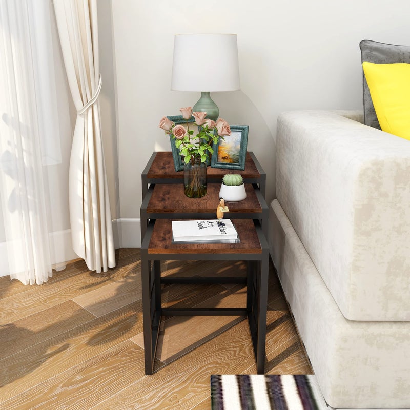 HAHRIR Nesting Table Set of 3 Side Tables, Modern Coffee Table Stacking End Table with Metal Frameï¼ŒBlack - Image 4