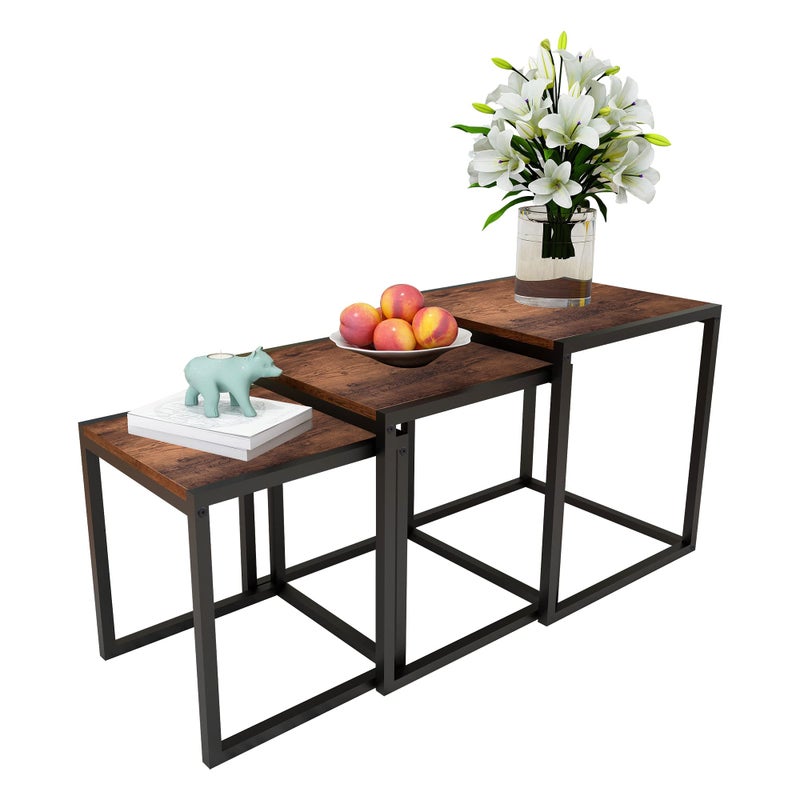 HAHRIR Nesting Table Set of 3 Side Tables, Modern Coffee Table Stacking End Table with Metal Frameï¼ŒBlack - Image 1
