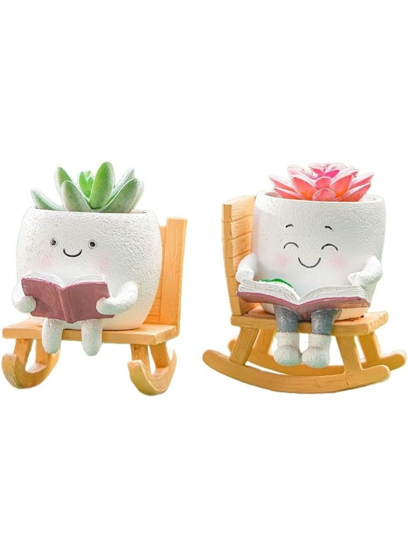 كيلا قطعتان من كرسي هزاز على شكل وجه مبتسم مع فتحة تصريف، أواني نباتات لطيفة للنباتات الداخلية والخارجية، وعاء زهور فريد ومضحك للنباتات العصارية، هدية لعيد الأم وأعياد الميلاد (أبيض) - Image 1