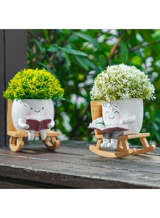 كيلا قطعتان من كرسي هزاز على شكل وجه مبتسم مع فتحة تصريف، أواني نباتات لطيفة للنباتات الداخلية والخارجية، وعاء زهور فريد ومضحك للنباتات العصارية، هدية لعيد الأم وأعياد الميلاد (أبيض) - Image 2