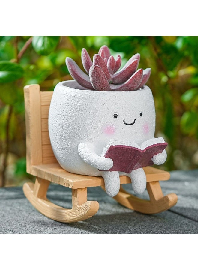 كيلا قطعتان من كرسي هزاز على شكل وجه مبتسم مع فتحة تصريف، أواني نباتات لطيفة للنباتات الداخلية والخارجية، وعاء زهور فريد ومضحك للنباتات العصارية، هدية لعيد الأم وأعياد الميلاد (أبيض) - Image 3