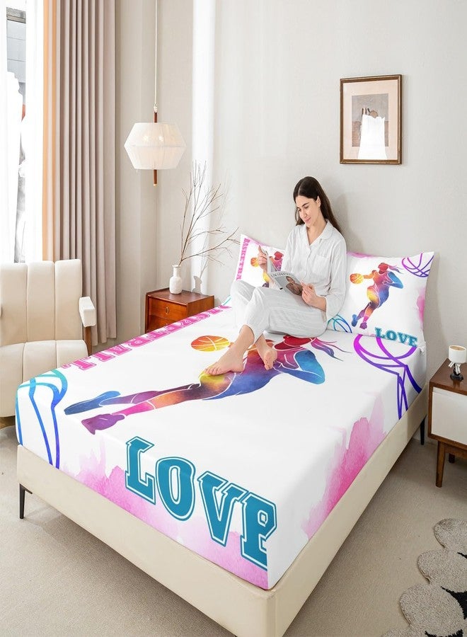 Homewish Basketball Lovers Kids Fitted Sheet Twin Size,Modern Sports Games Competition Bedding Set,Girls Boys Adults Room Decor,Hand Painted Fashion Bed Cover,Pink Purple Bed Sheet,1 Pillowcase - Image 2