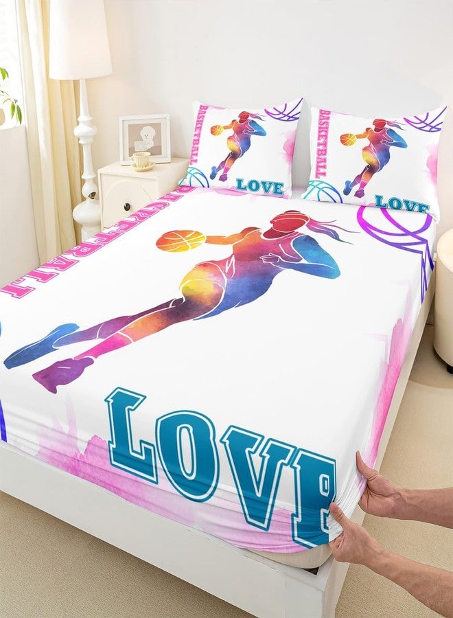 Homewish Basketball Lovers Kids Fitted Sheet Twin Size,Modern Sports Games Competition Bedding Set,Girls Boys Adults Room Decor,Hand Painted Fashion Bed Cover,Pink Purple Bed Sheet,1 Pillowcase - Image 1