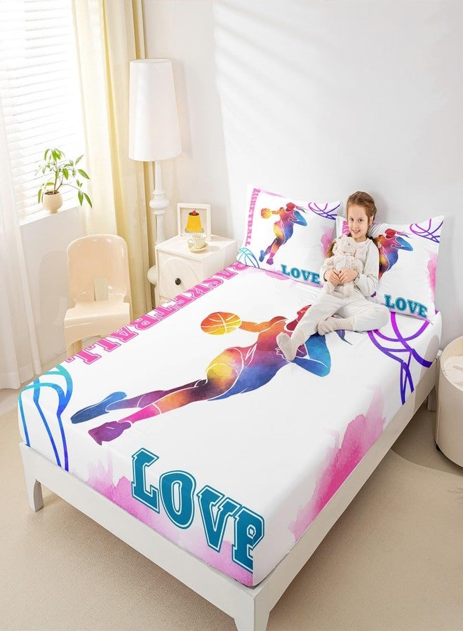 Homewish Basketball Lovers Kids Fitted Sheet Twin Size,Modern Sports Games Competition Bedding Set,Girls Boys Adults Room Decor,Hand Painted Fashion Bed Cover,Pink Purple Bed Sheet,1 Pillowcase - Image 3