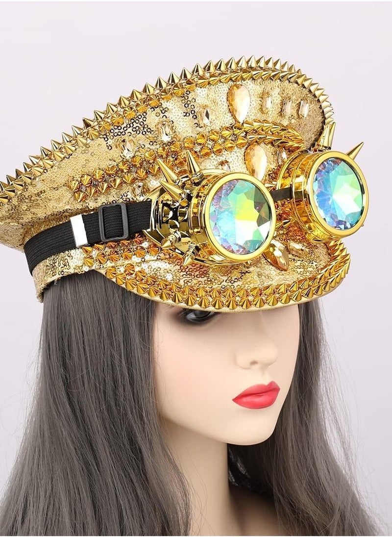 Steampunk Top Hats Sequin Glamorous Burning Mucis Festival Halloween Rhinestone Captain Caps with Goggles Crowns Party Disco  - Image 3