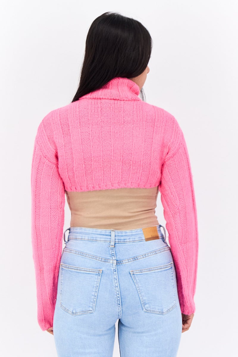 Bershka Women Turtle Neck Knitted Cropped  Sweater, Pink - Image 3