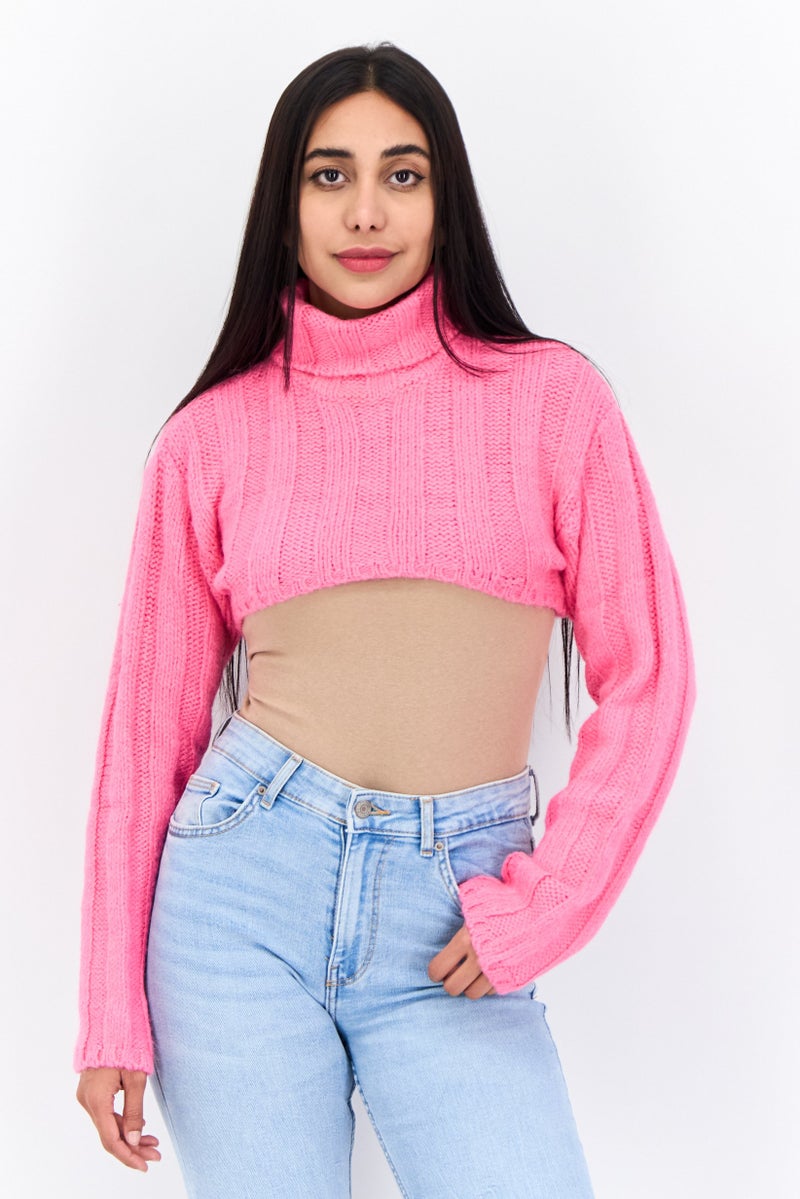 Bershka Women Turtle Neck Knitted Cropped  Sweater, Pink - Image 1