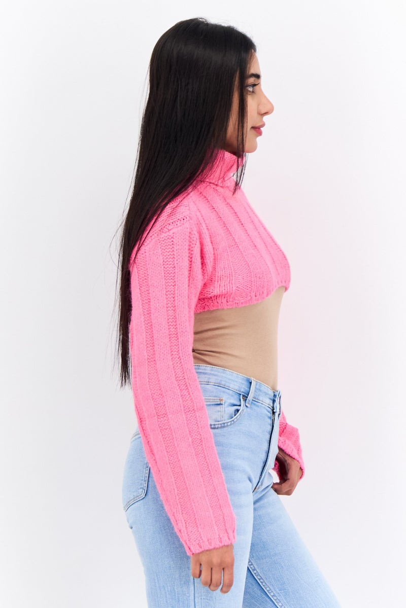 Bershka Women Turtle Neck Knitted Cropped  Sweater, Pink - Image 2