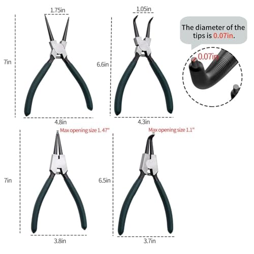 LFSEMINI Snap Ring Pliers Set, 4pcs 7" Internal/External Circlip Pliers Kit with Straight/Bent Jaw, Heavy Duty Precision Spring Loaded Pliers for Ring Remover Retaining and Remove Hoses, Gaskets - Image 5