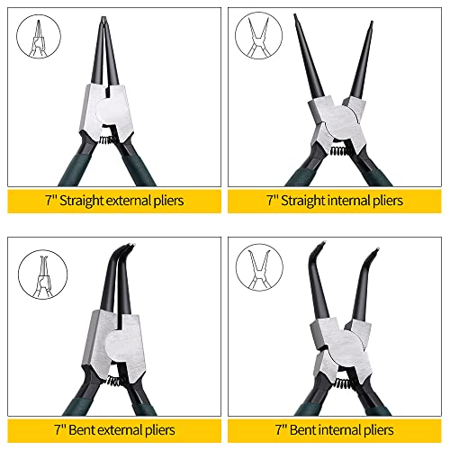 LFSEMINI Snap Ring Pliers Set, 4pcs 7" Internal/External Circlip Pliers Kit with Straight/Bent Jaw, Heavy Duty Precision Spring Loaded Pliers for Ring Remover Retaining and Remove Hoses, Gaskets - Image 2