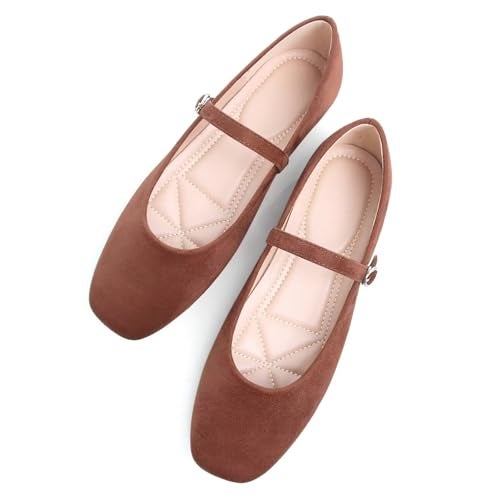 Stunner Women's Mary Jane Ballet Flats Fashion Square Toe Ankle Strap Flats Comfortable Casual Slip On Dress Shoes Dark Brown 41(9) - Image 1