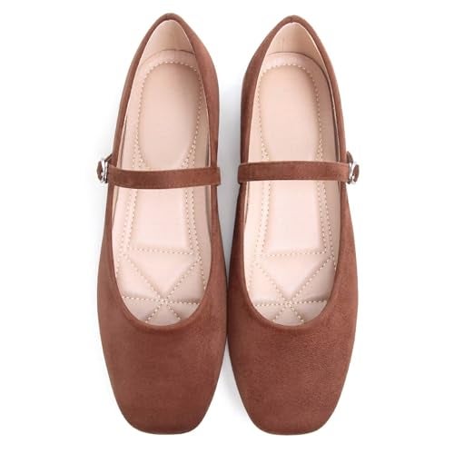 Stunner Women's Mary Jane Ballet Flats Fashion Square Toe Ankle Strap Flats Comfortable Casual Slip On Dress Shoes Dark Brown 41(9) - Image 4
