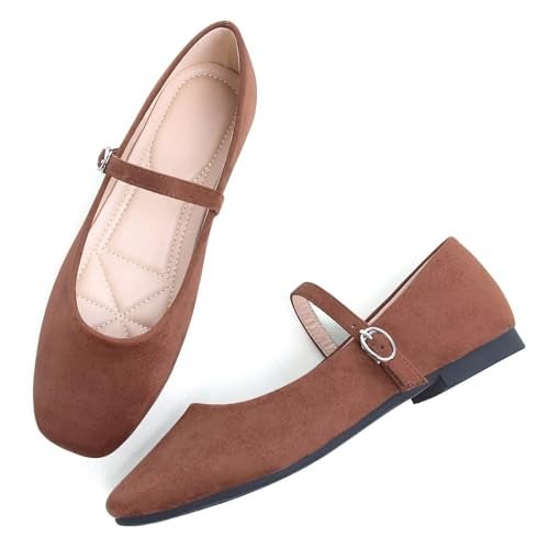 Stunner Women's Mary Jane Ballet Flats Fashion Square Toe Ankle Strap Flats Comfortable Casual Slip On Dress Shoes Dark Brown 41(9) - Image 3
