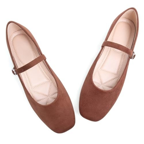 Stunner Women's Mary Jane Ballet Flats Fashion Square Toe Ankle Strap Flats Comfortable Casual Slip On Dress Shoes Dark Brown 41(9) - Image 5