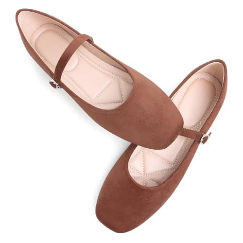 Stunner Women's Mary Jane Ballet Flats Fashion Square Toe Ankle Strap Flats Comfortable Casual Slip On Dress Shoes Dark Brown 41(9) - Image 2