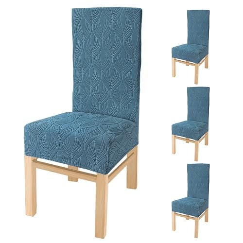 Yellow Weaves Elastic Stretchable Dining Chair Covers, Removable Washable Elastic Self Jacquard Dining Chair Covers (Set of 4, Botanical Teal Blue) - Image 1