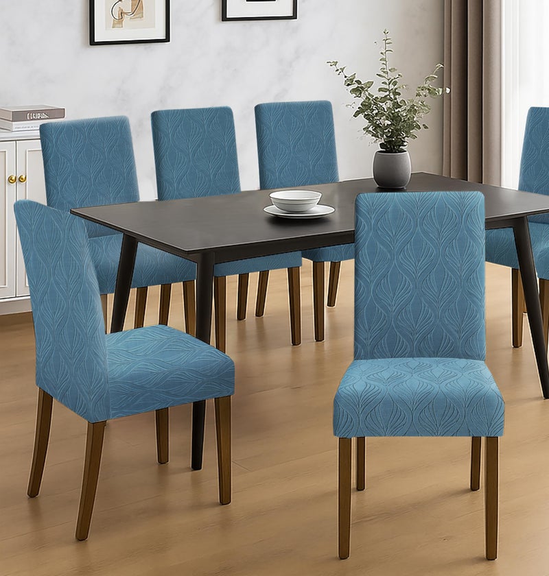 Yellow Weaves Elastic Stretchable Dining Chair Covers, Removable Washable Elastic Self Jacquard Dining Chair Covers (Set of 4, Botanical Teal Blue) - Image 2