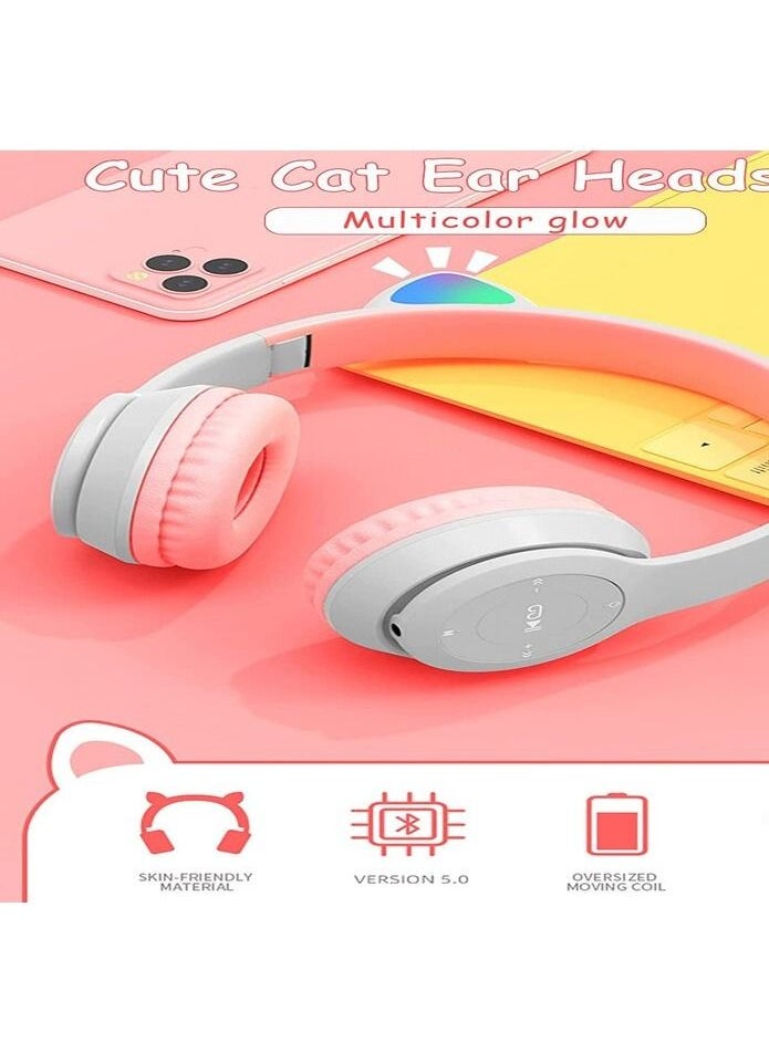 P47 Wireless Gaming Headset, Bluetooth 5.0 Cat Ear Headphones, Kids Headphones,LED Light Up Bluetooth Over Ear Headphones for Kids and Adults Wearing(Gray))  - Image 3