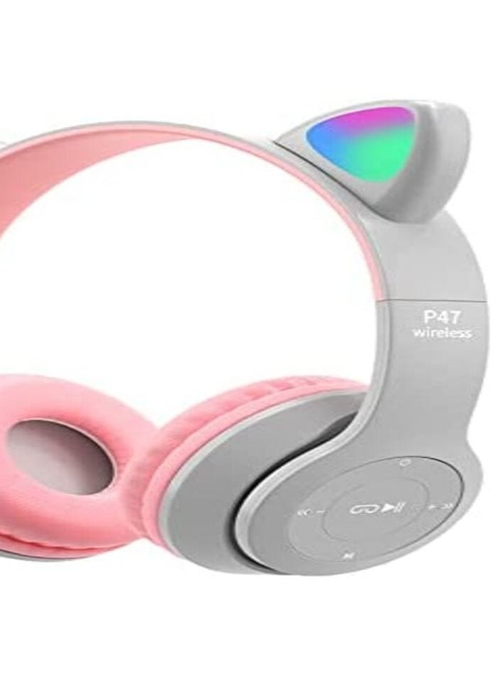 P47 Wireless Gaming Headset, Bluetooth 5.0 Cat Ear Headphones, Kids Headphones,LED Light Up Bluetooth Over Ear Headphones for Kids and Adults Wearing(Gray))  - Image 1