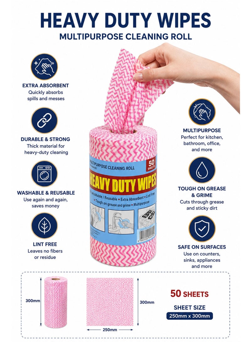 Heavy Duty Reusable Cleaning Wipes Roll, 50 Sheets Multipurpose Washable Cleaning Cloths for Kitchen, Household, Glass & Surface Cleaning (250x300mm) - Image 3