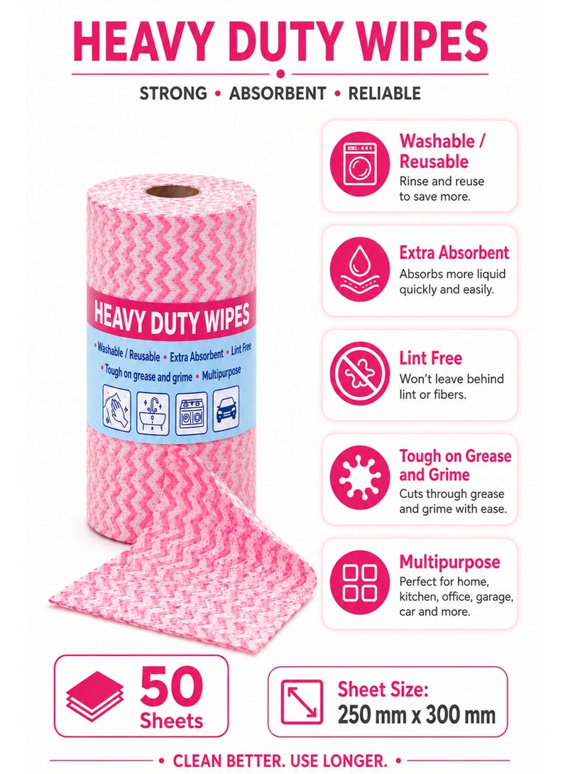 Heavy Duty Reusable Cleaning Wipes Roll, 50 Sheets Multipurpose Washable Cleaning Cloths for Kitchen, Household, Glass & Surface Cleaning (250x300mm) - Image 2