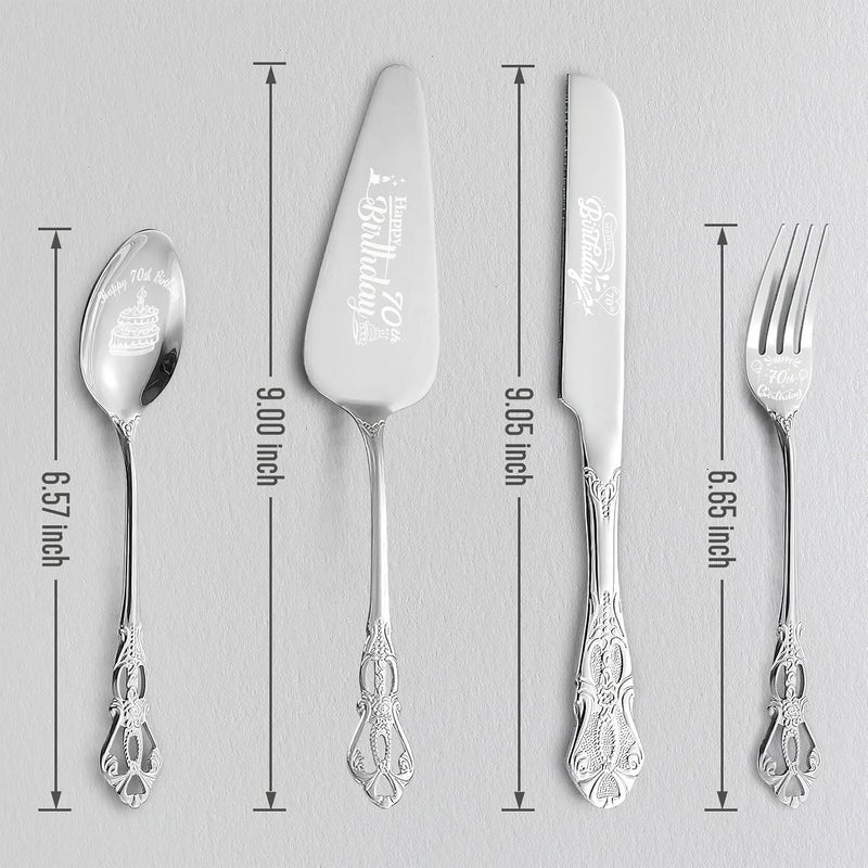 V-Walk Happy 70th Birthday Personalized Laser Engraved Stainless Steel Cake Tableware Set:Cake Server,Plate,Knife,Spoon, Fork - Memorable 70 Year Old Gift Keepsake - Image 2